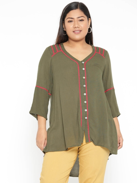 

Revolution Plus Size Women Olive Green Solid High-Low Top