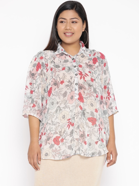 

Revolution Plus Size Women Off-White Pink Floral Print Semi Sheer Shirt Style Top