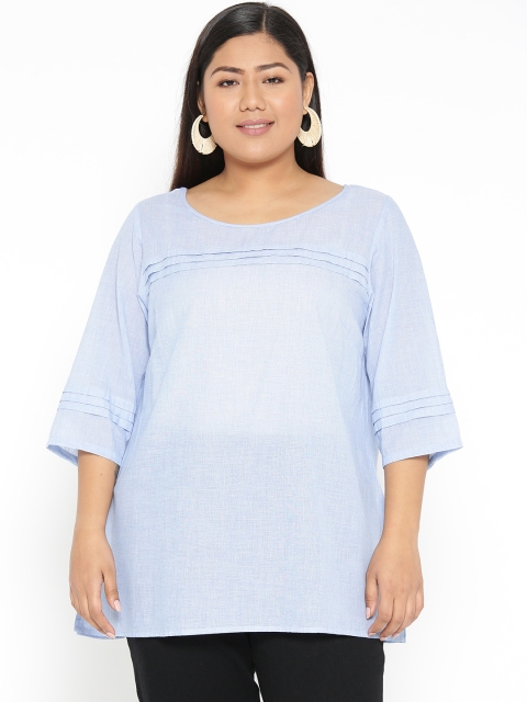 

Revolution Plus Size Women Blue Solid Semi-Sheer A-Line Pure Cotton Top