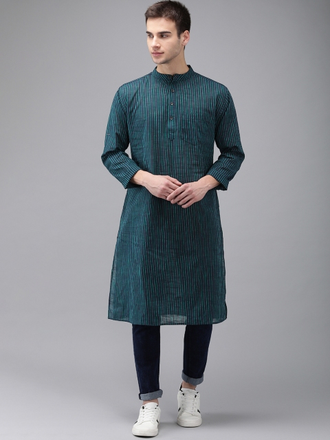 

Svanik Men Navy Blue & Green Striped Straight Kurta