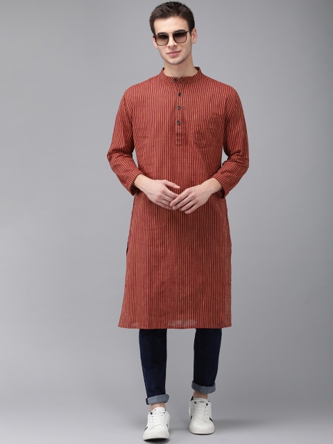 

Svanik Men Maroon & Mustard Yellow Striped Straight Kurta