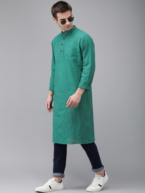 

Svanik Men Green & Blue Striped Straight Kurta