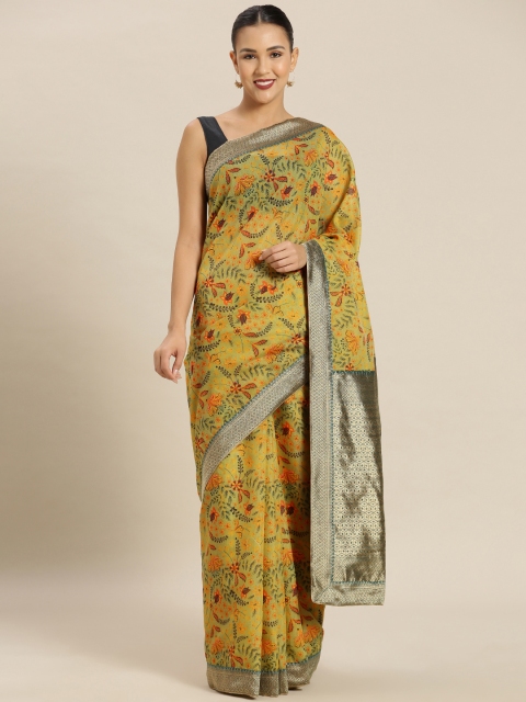 

Mitera Green & Mustard Yellow Polycotton Printed Saree