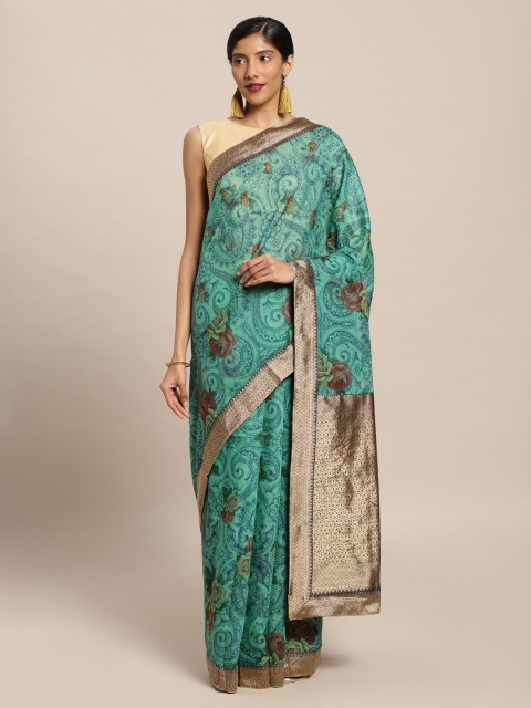 

Mitera Teal Green & Blue Polycotton Printed Banarasi Saree