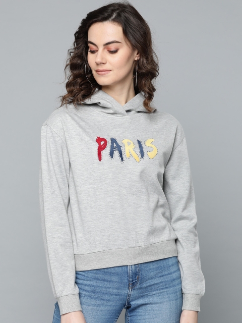 

VividArtsy Women Grey Melange Printed Detail Hooded Sweatshirt