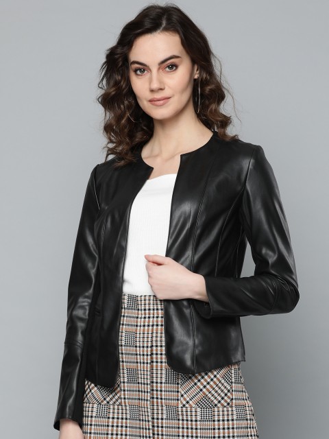 

VividArtsy Women Black Solid Open Front Jacket