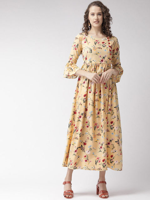 

U&F Women Beige & Red Floral Print Maxi Dress