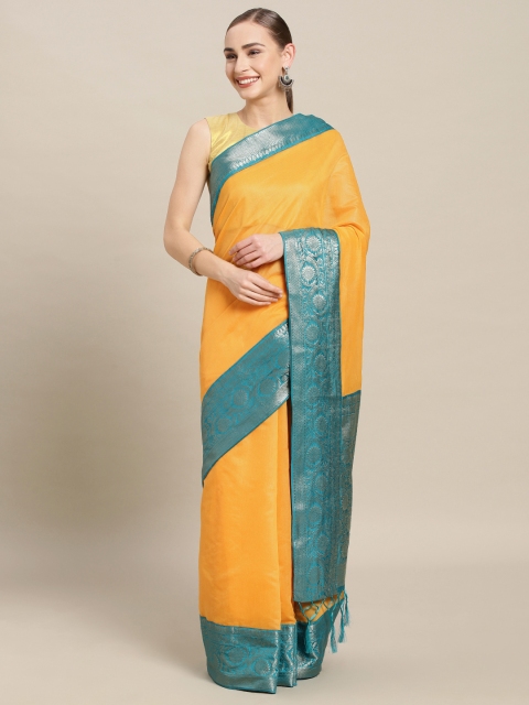 

Mitera Yellow & Teal Blue Cotton Blend Solid Banarasi Saree