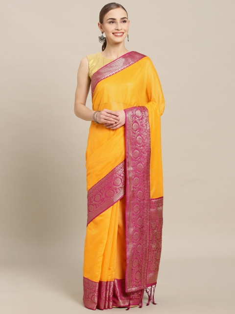 

Mitera Yellow & Pink Cotton Blend Solid Banarasi Saree