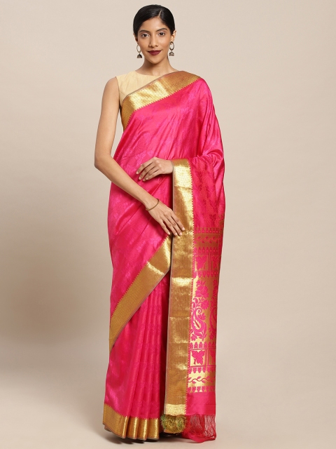 

Mitera Pink & Red Art Silk Woven Design Kanjeevaram Saree