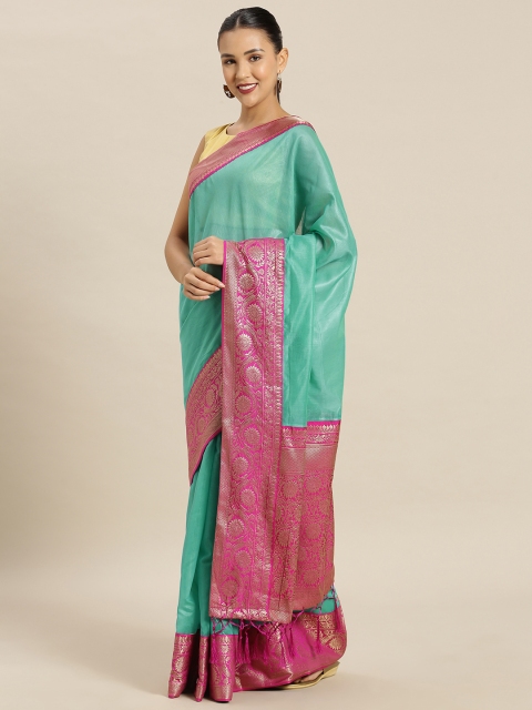 

Mitera Turquoise Blue Cotton Blend Solid Banarasi Saree