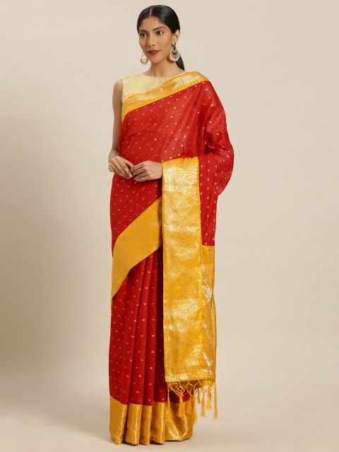 

Mitera Red & Yellow Cotton Blend Woven Design Banarasi Saree