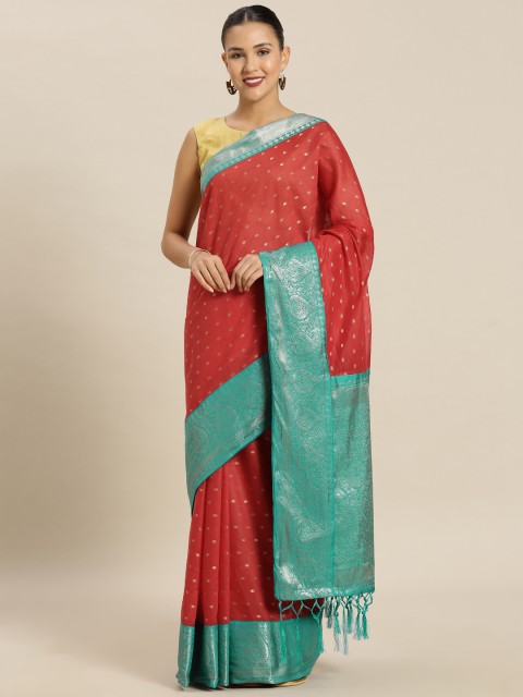 

Mitera Red & Teal Green Cotton Blend Woven Design Banarasi Saree