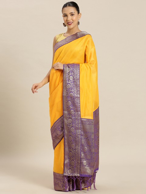 

Mitera Yellow Cotton Blend Solid Banarasi Saree