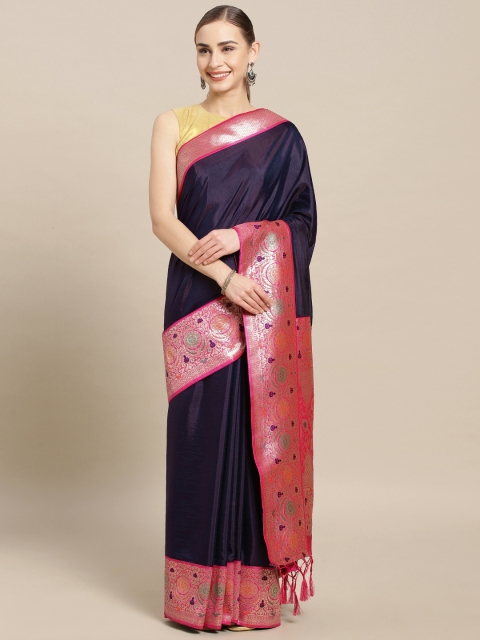 

Mitera Navy Blue & Pink Cotton Blend Solid Paithani Saree