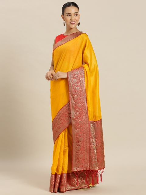 

Mitera Yellow Cotton Blend Solid Banarasi Saree