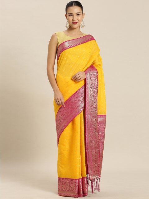 

Mitera Yellow Cotton Blend Woven Design Banarasi Saree