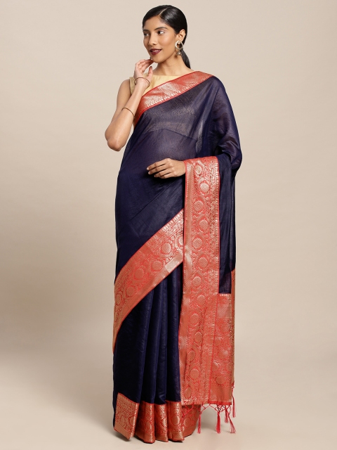 

Mitera Navy Blue & Red Cotton Blend Solid Banarasi Saree