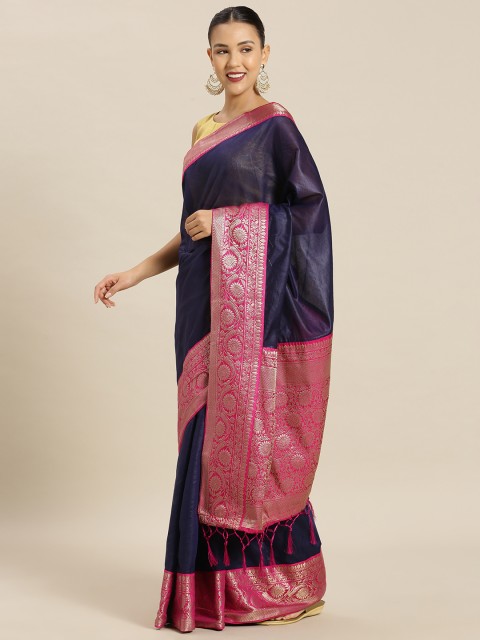 

Mitera Navy Blue Cotton Blend Solid Banarasi Saree