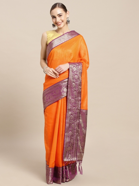 

Mitera Orange Cotton Blend Solid Banarasi Saree
