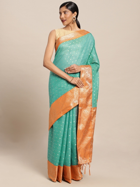 

Mitera Sea Green & Orange Cotton Blend Woven Design Banarasi Saree