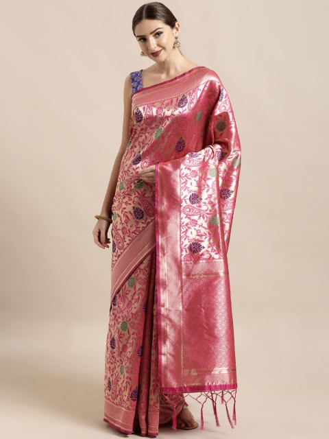 

Mitera Pink & Gold-Toned Art Silk Woven Design Banarasi Saree