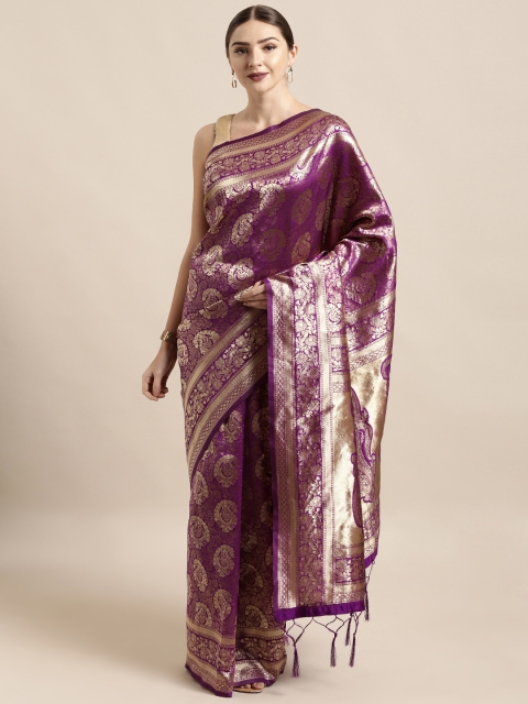 

Mitera Purple & Gold-Toned Art Silk Woven Design Banarasi Saree