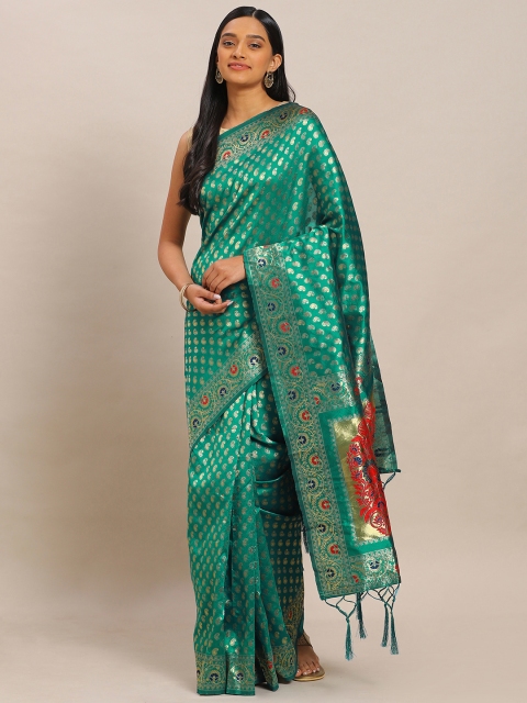 

Mitera Teal Green & Gold-Toned Art Silk Woven Design Banarasi Saree