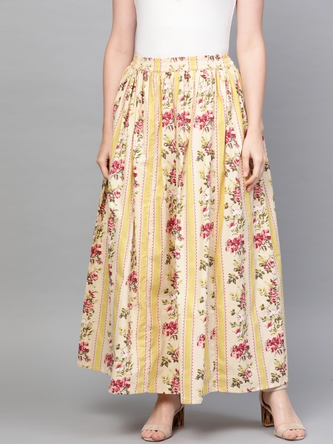 

Nayo Women Cream-Coloured & Pink Printed Flared Maxi Skirt