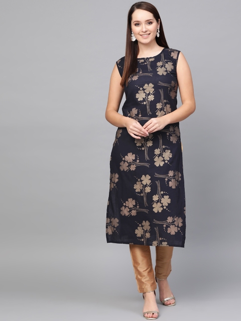 

Nayo Women Navy Blue & Golden Printed Straight Kurta