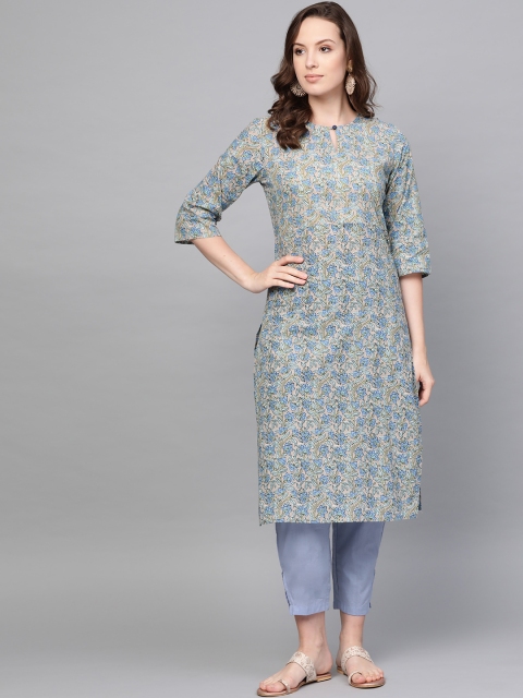 

Nayo Women Taupe & Blue Printed Kurta with Trousers