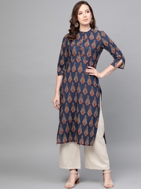 

Nayo Women Navy Blue & Beige Printed Straight Kurta