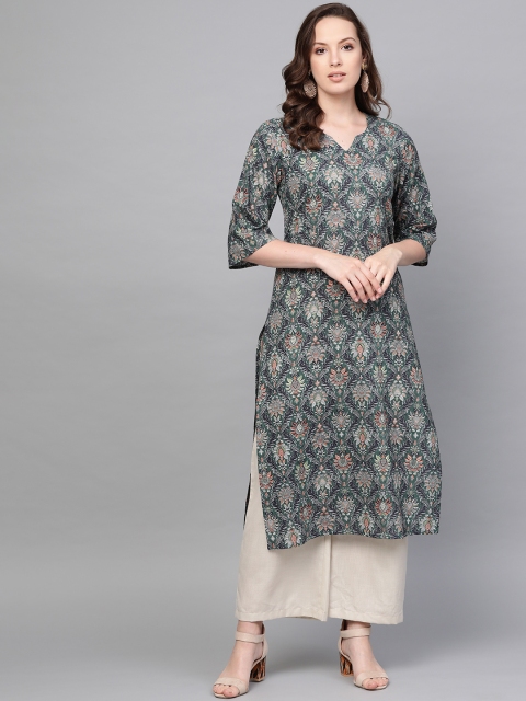 

Nayo Women Green & Grey Printed Straight Kurta