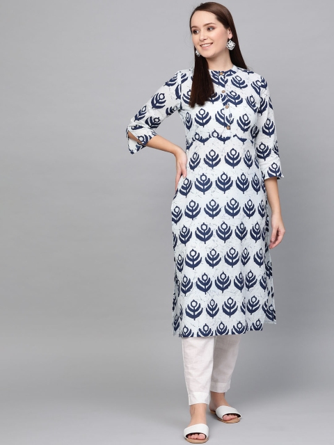

Nayo Women Off-White & Navy Blue Printed Straight Kurta