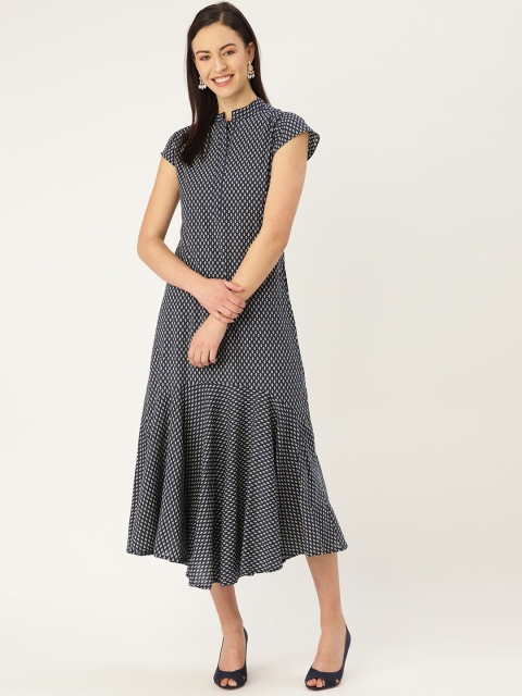

MBE Women Navy Blue & Beige Printed A-Line Dress