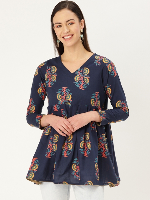 

MBE Women Navy Blue & Yellow Printed Tunic