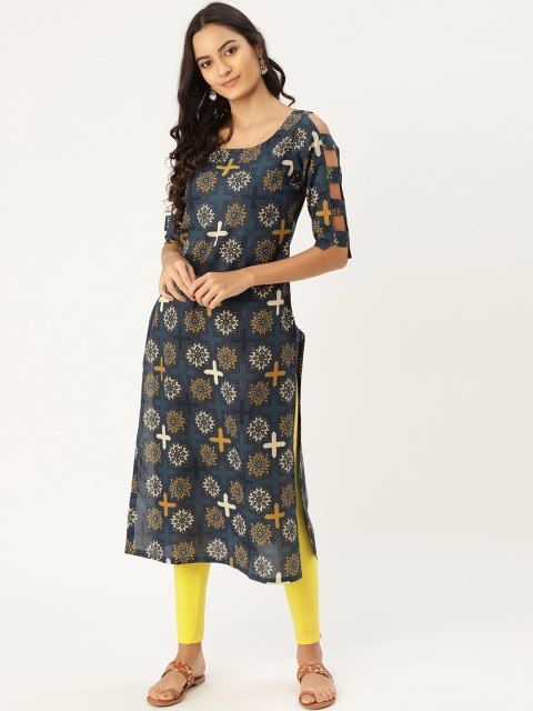 

MBE Women Navy Blue & Off-White Printed Straight Kurta