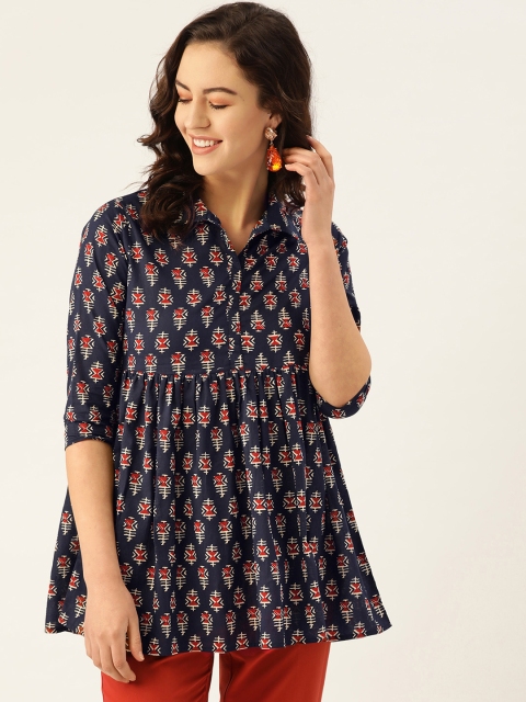 

MBE Women's Navy Blue & Rust Red Printed Tunic