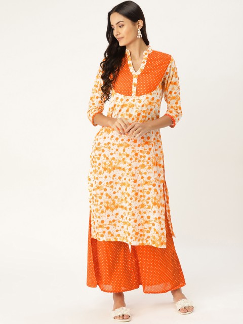 

MBE Women White & Orange Printed Kurta with Palazzos