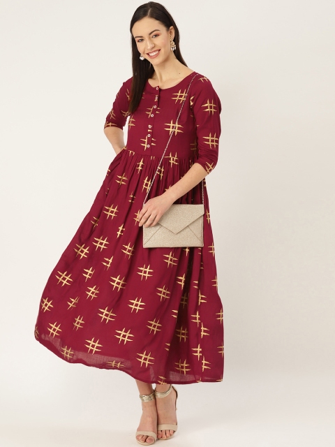 

MBE Women Maroon & Golden Printed A-Line Dress