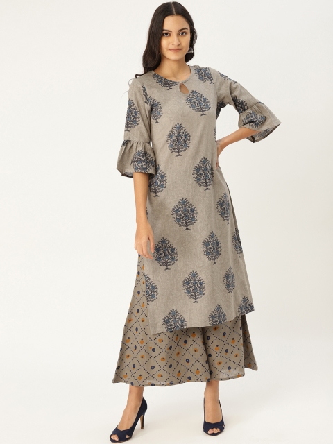

MBE Women Taupe & Blue Printed Kurta with Palazzos
