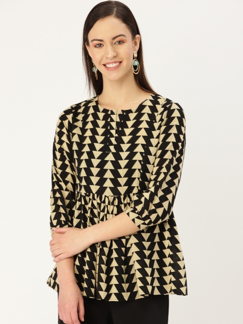 

MBE Women Black & Beige Printed A-Line Pure Cotton Top