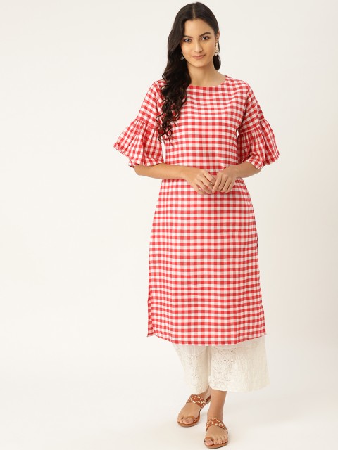 

MBE Women Red & White Checked Straight Kurta
