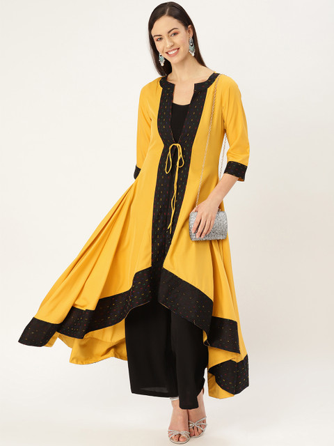 

MBE Women Mustard Yellow & Black Solid Tie-Up Longline Shrug