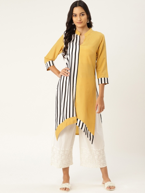 

MBE Women Yellow & Off-White Striped Asymmetric Straight Kurta