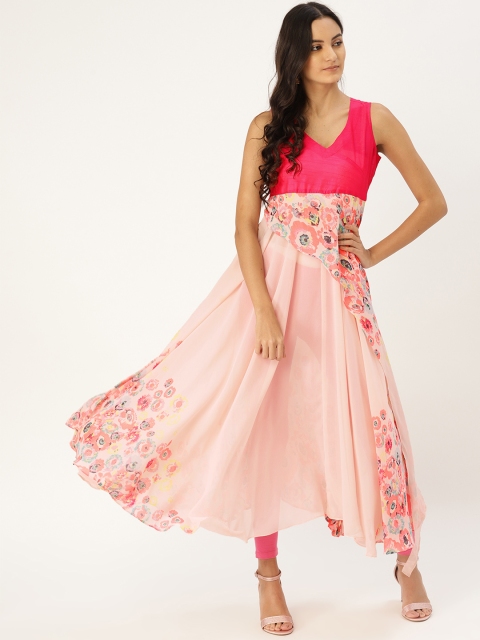 

MBE Women Pink & Peach-Coloured Printed Anarkali Asymmetric Kurta