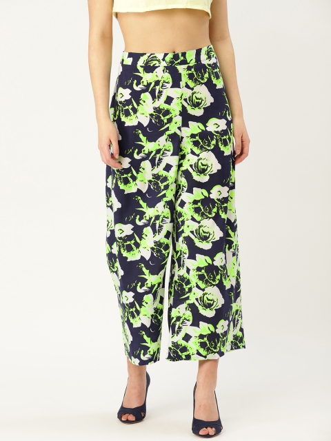 

MBE Women Navy Blue & Lime Green Printed Cropped Straight Palazzos