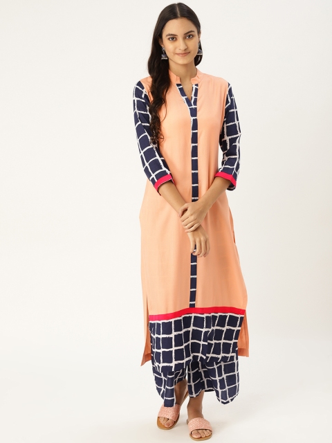 

MBE Women Peach-Coloured & Navy Blue Solid Kurta with Palazzos