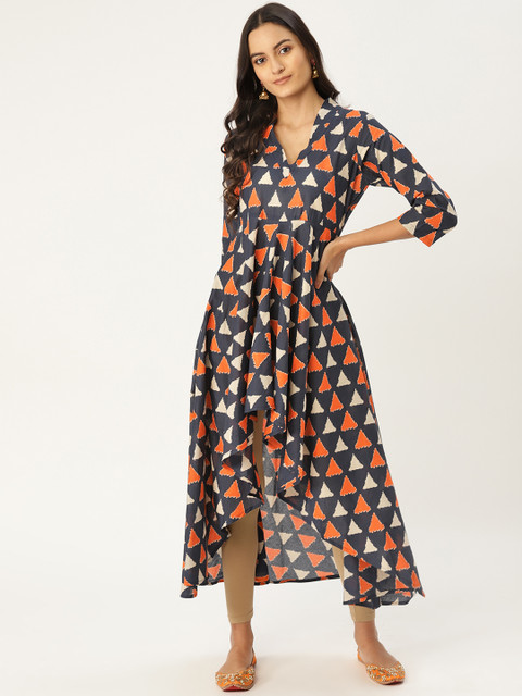 

MBE Women Navy Blue & Orange Printed A-Line Kurta
