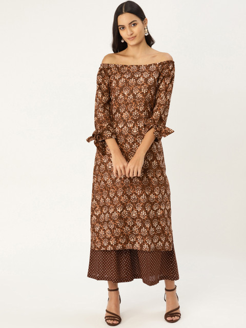 

MBE Women Brown & White Printed Kurta with Palazzos